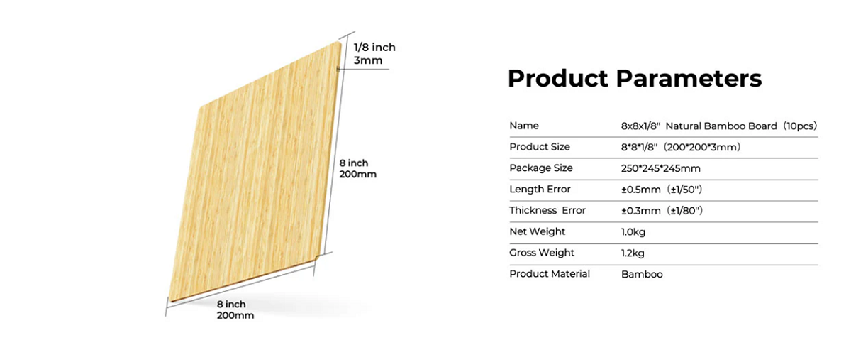 8x8x1/8'' Natural Bamboo Board（10PCS）
